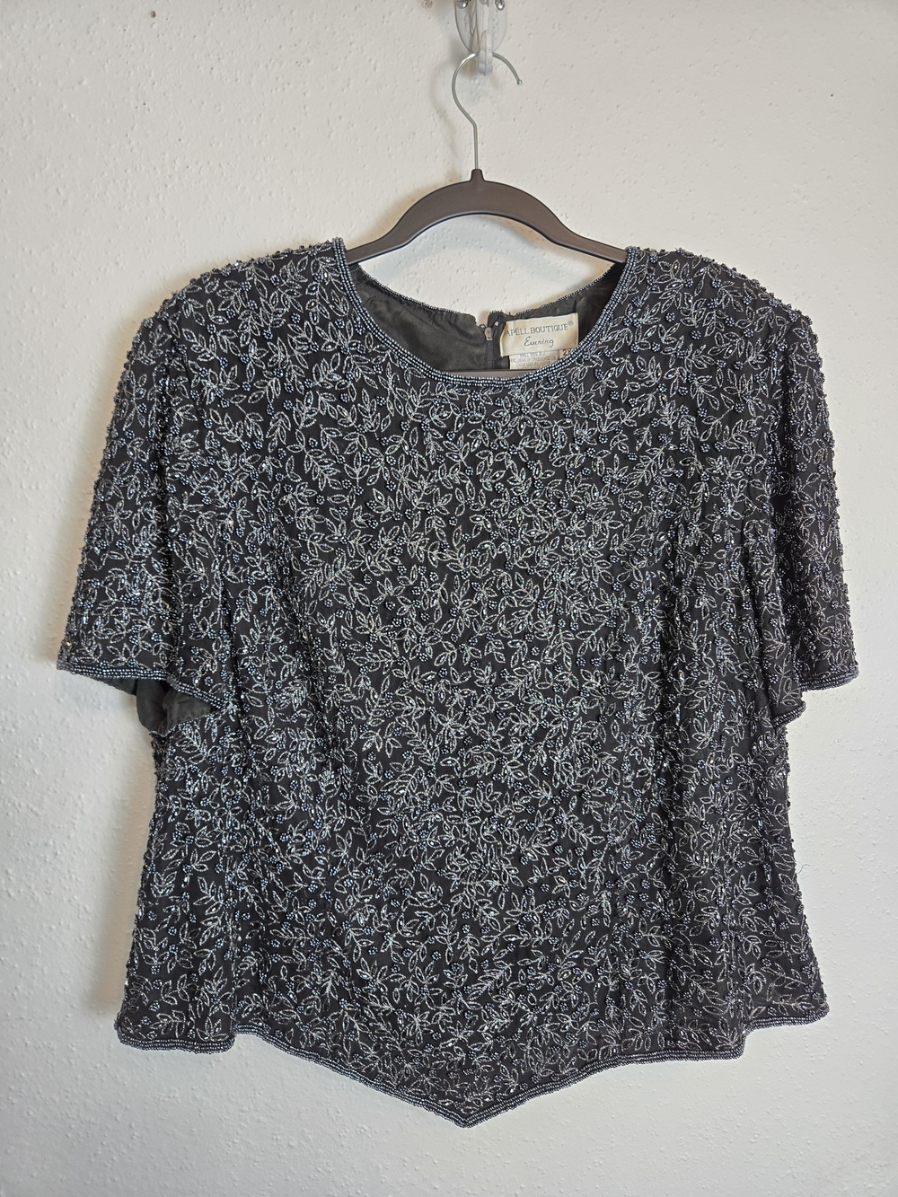 Papell Boutique Black Beaded Floral Short Sleeve  Silk Blouse
